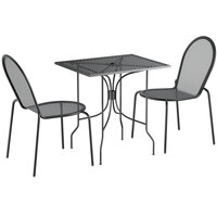 Lancaster Table & Seating Harbor Black 24 inch x 30 inch Rectangular Dining Height Powder-Coated Steel Mesh Table with Ornate Legs and 2 Side Chairs