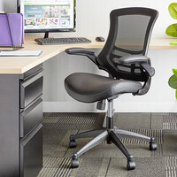 Mid-Back Black Mesh and Leather Office Chair with Flip-Up Arms and Nylon Base