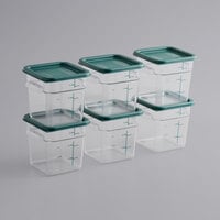Vigor 4 Qt. Clear Square Polycarbonate Food Storage Container and Green Lid - 6/Pack