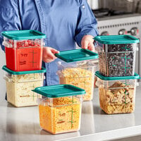 Vigor 4 Qt. Clear Square Polycarbonate Food Storage Container and Green Lid - 6/Pack