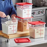 Vigor 8 Qt. Clear Square Polycarbonate Food Storage Container and Red Lid - 4/Pack