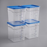 Vigor 18 Qt. Clear Square Polycarbonate Food Storage Container and Blue Lid - 4/Pack