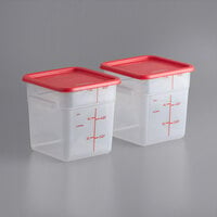 Vigor 8 Qt. Translucent Polypropylene Food Storage Container and Red Lid - 2/Pack