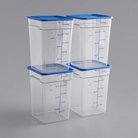 Vigor 22 Qt. Clear Square Polycarbonate Food Storage Container and Blue Lid - 4/Pack
