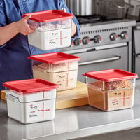 Vigor 6 Qt. Clear Square Polycarbonate Food Storage Container and Red Lid - 4/Pack