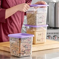 Vigor 4 Qt. Allergen-Free Clear Polycarbonate Food Storage Container and Purple Lid - 3/Pack