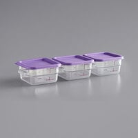 Vigor 2 Qt. Allergen-Free Clear Polycarbonate Food Storage Container and Purple Lid - 3/Pack
