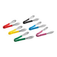 Choice 9 1/2" HACCP Color Coated Handles Stainless Steel Scalloped Tongs - 6/Set