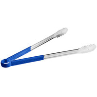Choice 16 inch Blue Coated Handle Stainless Steel Scalloped Tongs
