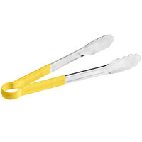 Choice 12 inch Yellow Coated Handle Stainless Steel Scalloped Tongs