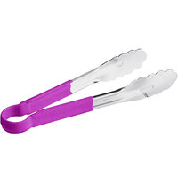 Choice 9 1/2" Purple Allergen-Free Coated Handle Stainless Steel Scalloped Tongs