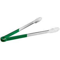Choice 16" Green Coated Handle Stainless Steel Scalloped Tongs