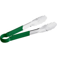 Choice 9 1/2 inch Green Coated Handle Stainless Steel Scalloped Tongs