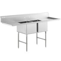Regency 86 inch Stainless Steel Two Compartment Sink with Stainless Steel Legs and 2 Drainboards - 18 inch x 24 inch x 14 inch Bowls