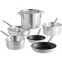 Choice 10-Piece Aluminum Cookware Set with 2 Sauce Pans, 3.75 Qt. Sauté Pan  with Cover, 8 Qt. Stock Pot with Cover, 2 Fry Pans, and 13 x 18 Bun Pan  with Cooling Rack