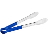 Choice 12" Blue Coated Handle Stainless Steel Scalloped Tongs