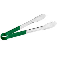 Choice 12" Green Coated Handle Stainless Steel Scalloped Tongs