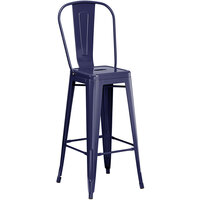 Lancaster Table & Seating Alloy Series Navy Metal Indoor / Outdoor Industrial Cafe Barstool with Vertical Slat Back and Drain Hole Seat
