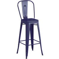 Lancaster Table & Seating Alloy Series Navy Metal Indoor / Outdoor Industrial Cafe Barstool with Vertical Slat Back and Drain Hole Seat