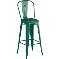 Lancaster Table & Seating Alloy Series Emerald Metal Indoor / Outdoor Industrial Cafe Barstool with Vertical Slat Back and Drain Hole Seat