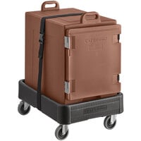 CaterGator Brown Insulated Front Loading 5-Pan Carrier with Black Dolly and Strap