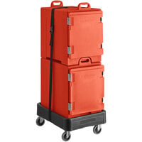 CaterGator Red Insulated Pan Carrier Kit with Two Front Loading 5-Pan Carriers, Dolly, and Strap