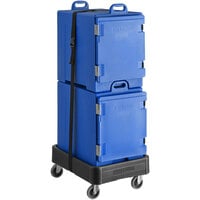 CaterGator Blue Insulated Pan Carrier Kit with Two Front Loading 5-Pan Carriers, Dolly, and Strap