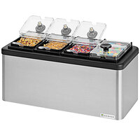 Server Mini 4 Compartment Insulated Countertop Stainless Steel Condiment Bar with 1/9 Size Jars, Hinged Lids, and Serving Spoons