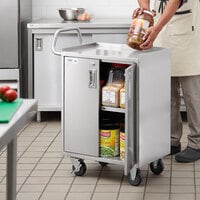 Regency 16 inch x 24 inch Three Shelf 18-Gauge Stainless Steel Utility Cart with Enclosed Base and Locking Doors