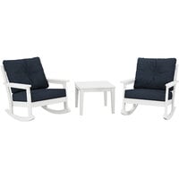POLYWOOD Vineyard White / Marine Indigo Deep Seating Patio Set with Newport Table and Vineyard Rocking Chairs