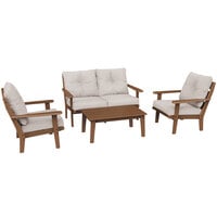 POLYWOOD Lakeside Teak / Dune Burlap 4-Piece Deep Seating Patio Set with Lakeside Table, Chairs, and Loveseat