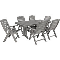 POLYWOOD Nautical 7-Piece Slate Grey Dining Set with 6 Folding Chairs and Nautical Trestle Table