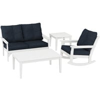 POLYWOOD Vineyard White / Marine Indigo 4-Piece Deep Seating Patio Set with Newport Table and Vineyard Rocking Chair