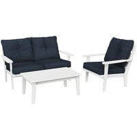 POLYWOOD Lakeside White / Marine Indigo Deep Seating Patio Set with Lakeside Table, Chair, and Loveseat