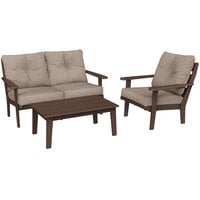 POLYWOOD Lakeside Mahogany / Spiced Burlap Deep Seating Patio Set with Lakeside Table, Chair, and Loveseat