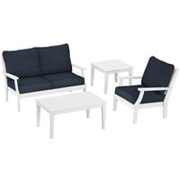 POLYWOOD Braxton White / Marine Indigo 4-Piece Deep Seating Patio Set with Chair, Settee, and Newport Tables