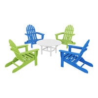 POLYWOOD Classic 5-Piece Pacific Blue / Lime / White Patio Set with 4 Folding Adirondack Chairs