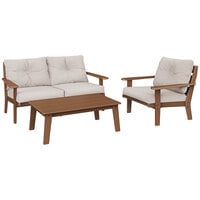 POLYWOOD Lakeside Teak / Dune Burlap Deep Seating Patio Set with Lakeside Table, Chair, and Loveseat