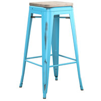 Lancaster Table & Seating Alloy Series Distressed Arctic Blue Stackable Metal Indoor Industrial Barstool with Gray Wood Seat