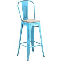 Lancaster Table & Seating Alloy Series Distressed Arctic Blue Metal Indoor Industrial Cafe Bar Height Stool with Vertical Slat Back and Gray Wood Seat
