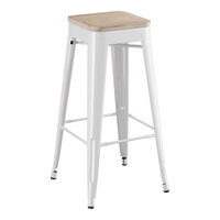 Lancaster Table & Seating Alloy Series White Indoor Backless Barstool with Gray Wood Seat