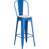 Lancaster Table & Seating Alloy Series Blue Metal Indoor Industrial Cafe Bar Height Stool with Vertical Slat Back and Gray Wood Seat