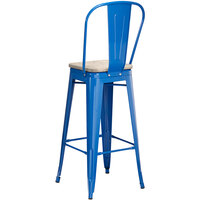 Lancaster Table & Seating Alloy Series Blue Metal Indoor Industrial Cafe Bar Height Stool with Vertical Slat Back and Gray Wood Seat