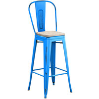 Lancaster Table & Seating Alloy Series Distressed Blue Metal Indoor Industrial Cafe Bar Height Stool with Vertical Slat Back and Gray Wood Seat