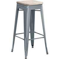 Lancaster Table & Seating Alloy Series Charcoal Stackable Metal Indoor Industrial Barstool with Gray Wood Seat