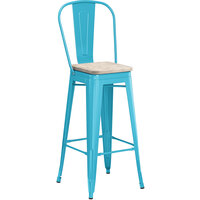 Lancaster Table & Seating Alloy Series Arctic Blue Metal Indoor Industrial Cafe Bar Height Stool with Vertical Slat Back and Gray Wood Seat