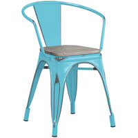 Lancaster Table & Seating Alloy Series Distressed Arctic Blue Metal Indoor Industrial Cafe Arm Chair with Vertical Slat Back and Gray Wood Seat