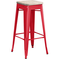 Lancaster Table & Seating Alloy Series Red Stackable Metal Indoor Industrial Barstool with Gray Wood Seat