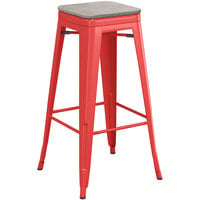 Lancaster Table & Seating Alloy Series Ruby Red Indoor Backless Barstool with Gray Wood Seat