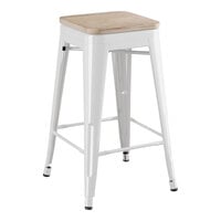 Lancaster Table & Seating Alloy Series Pearl White Indoor Backless Counter Height Stool with Gray Wood Seat